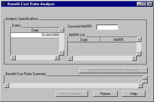 Benefit-Cost Ratio Analysis Dialog Box