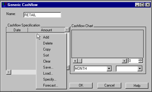 Right-Clicking within the Cashflow Specification Area