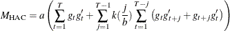 \[  M_{\mr {HAC}}=a\left(\sum _{t=1}^{T}{g_ t g_ t’}+\sum _{j=1}^{T-1}{k(\frac{j}{b})\sum _{t=1}^{T-j}{\left(g_ t g_{t+j}’ + g_{t+j} g_{t}’\right)}}\right)  \]