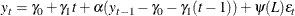 \begin{equation*}  y_ t = \gamma _0 +\gamma _1 t + \alpha ( y_{t-1} -\gamma _0 -\gamma _1(t-1)) + \psi (L)\epsilon _ t \end{equation*}