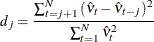 \[  d_{j}=\frac{\sum _{t=j+1}^{N}{(\hat{{\nu }}_{t}-\hat{{\nu }}_{t-j})^{2} }}{\sum _{t=1}^{N}{\hat{{\nu }}_{t}^{2}} }  \]