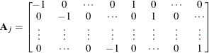 \[  \mb {A} _{j} = \begin{bmatrix}  -1   &  0   &  {\cdots }   &  0   &  1   &  0   &  {\cdots }   &  0   \\ 0   &  -1   &  0   &  {\cdots }   &  0   &  1   &  0   &  {\cdots }   \\ {\vdots }   &  {\vdots }   &  {\vdots }   &  {\vdots }   &  {\vdots }   &  {\vdots }   &  {\vdots }   &  {\vdots }   \\ 0   &  {\cdots }   &  0   &  -1   &  0   &  {\cdots }   &  0   &  1   \end{bmatrix}  \]