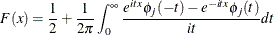 \[  F(x) = \frac{1}{2} + \frac{1}{2{\pi }}\int _{0}^{{\infty }}{\frac{e^{itx}{\phi }_{j}(-t)- e^{-itx}{\phi }_{j}(t)}{it}dt}  \]