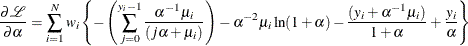 \[  \frac{\partial \mathcal{L}}{\partial \alpha } = \sum _{i=1}^{N} w_ i\left\{  - \left( \sum _{j=0}^{y_{i}-1} \frac{\alpha ^{-1}\mu _{i}}{(j \alpha + \mu _{i})} \right) - \alpha ^{-2} \mu _{i} \ln (1+\alpha ) - \frac{(y_ i+\alpha ^{-1}\mu _{i})}{1+\alpha } + \frac{y_ i}{\alpha } \right\}   \]