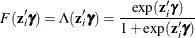 \[  F(\mathbf{z}_{i}’\bgamma ) = \Lambda (\mathbf{z}_{i}’\bgamma ) = \frac{\exp (\mathbf{z}_{i}\bgamma )}{1+\exp (\mathbf{z}_{i}\bgamma )}  \]