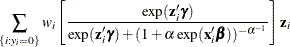 $\displaystyle  \sum _{\{ i: y_{i}=0\} } w_ i\left[\frac{\exp (\mathbf{z}_{i}\bgamma )}{\exp (\mathbf{z}_{i}\bgamma ) + (1+\alpha \exp (\mathbf{x}_{i}\bbeta ))^{-\alpha ^{-1}}}\right] \mathbf{z}_{i}  $