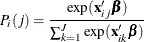 \[  P_{i}(j) = \frac{\exp (\mathbf{x}_{ij}\bbeta )}{\sum _{k=1}^{J}\exp (\mathbf{x}_{ik}\bbeta )}  \]