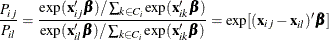 \[  \frac{P_{ij}}{P_{il}} = \frac{\exp (\mathbf{x}_{ij}\bbeta )/ \sum _{k\in C_{i}}\exp (\mathbf{x}_{ik}\bbeta )}{\exp (\mathbf{x}_{il}\bbeta )/ \sum _{k\in C_{i}}\exp (\mathbf{x}_{ik}\bbeta )} = \exp [(\mathbf{x}_{ij}-\mathbf{x}_{il})’\bbeta ]  \]