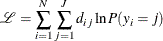 \[  \mathcal{L} = \sum _{i=1}^{N}\sum _{j=1}^{J}d_{ij}\ln P(y_{i} = j)  \]