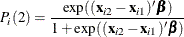 \[  P_{i}(2) = \frac{\exp ((\mathbf{x}_{i2}-\mathbf{x}_{i1})\bbeta )}{1+\exp ((\mathbf{x}_{i2}-\mathbf{x}_{i1})\bbeta )}  \]