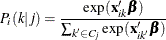 \[  P_{i}(k|j) = \frac{\exp (\mathbf{x}_{ik}\bbeta )}{\sum _{k\in C_{j}}\exp (\mathbf{x}_{ik}\bbeta )}  \]