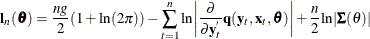 \[  \mb {l}_{n}(\btheta ) = \frac{ng}{2} (1 + {\ln }(2{\pi })) - \sum _{t=1}^{n}{{\ln }\biggl |\frac{{\partial }}{{\partial } \mb {y}_{t}^{}} \mb {q} (\mb {y}_{t}, \mb {x}_{t}, \btheta ) \biggr |} + \frac{n}{2} {\ln } |{\bSigma }(\theta )|  \]