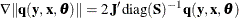 \[  \nabla \Vert \mb {q}(\mb {y},\mb {x},\btheta )\Vert = 2\,  \mb {J’}\textrm{diag}(\mb {S})^{-1}\mb {q}(\mb {y},\mb {x},\btheta ) \]