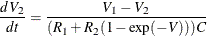 \[  \frac{d\mi {V} _{2}}{dt} = \frac{\mi {V} _{1} -\mi {V} _{2}}{(\mi {R} _{1}+\mi {R} _{2}(1-\mr {exp}(-\mi {V} ))) \mi {C} }  \]