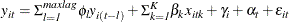 \[  \mi {y} _\mi {it} = \Sigma _\mi {l = 1} ^\mi {maxlag} \phi _\mi {l} \mi {y} _\mi {i(t-l)} + \Sigma _\mi {k = 1} ^\mi {K} \beta _\mi {k} \mi {x} _\mi {itk} + \gamma _\mi {i} + \alpha _\mi {t} + \epsilon _\mi {it}  \]