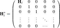 \[ \mb {H} _\mi {i} ^{*} = \left( \begin{array}{*{5}{c}} \mb {H} _\mi {i} &  0 &  0 &  0 &  0 \\ 0 &  1 &  0 &  0 &  0 \\ 0 &  0 &  1 &  0 &  0 \\ \vdots &  \vdots &  \vdots &  \ddots &  \vdots \\ 0 &  0 &  0 &  \cdots &  1 \\ \end{array} \right) \]