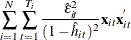 \[  \sum _{i = 1} ^{N} \sum _{t=1}^{T_ i} \frac{\hat{\epsilon }_{it} ^{2}}{(1 - \hat{h}_{it})^2}\mb {x} _{it} \mb {x} _{it} ^{} \]