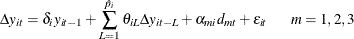 \begin{equation*}  \Delta y_{it}= \delta _{i} y_{it-1} + \sum _{L=1}^{\hat{p}_{i}}{\theta _{iL}\Delta y_{it-L}} + \alpha _{mi} d_{mt} + \varepsilon _{it} \hspace{0.2 in} m=1,2,3 \end{equation*}