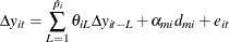 \begin{equation*}  \Delta y_{it}= \sum _{L=1}^{\hat{p}_{i}}{\theta _{iL}\Delta y_{it-L}} + \alpha _{mi} d_{mi} + e_{it} \end{equation*}