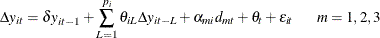 \begin{equation*}  \Delta y_{it}= \delta y_{it-1} + \sum _{L=1}^{p_{i}}{\theta _{iL}\Delta y_{it-L}} + \alpha _{mi} d_{mt} + \theta _ t + \varepsilon _{it} \hspace{0.2 in} m=1,2,3 \end{equation*}