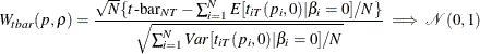 \begin{equation*}  W_{tbar}(p, \rho ) = \frac{\sqrt {N} \{  t\text {-bar}_{NT} - \sum _{i = 1}^{N}E[t_{iT}(p_{i}, 0)| \beta _{i} = 0] /N\} }{\sqrt {\sum _{i = 1}^{N}Var[t_{iT}(p_{i}, 0)| \beta _{i} = 0]/N}}\implies \mathcal{N}(0,1) \end{equation*}