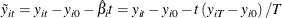 \begin{equation*}  \tilde{y}_{it}=y_{it}-y_{i0}-\hat{\beta }_{i}t=y_{it}-y_{i0}-t\left(y_{iT}-y_{i0}\right)/T \end{equation*}