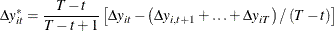 \begin{equation*}  \Delta y_{it}^{*}=\frac{T-t}{T-t+1}\left[\Delta y_{it}-\left(\Delta y_{i,t+1}+\ldots +\Delta y_{iT}\right)/\left(T-t\right)\right] \end{equation*}