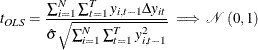 \begin{equation*}  t_{OLS}=\frac{\sum _{i=1}^{N}\sum _{t=1}^{T}y_{i,t-1}\Delta y_{it}}{\hat{\sigma }\sqrt {\sum _{i=1}^{N}\sum _{t=1}^{T}y_{i,t-1}^{2}}}\implies \mathcal{N}\left(0,1\right) \end{equation*}