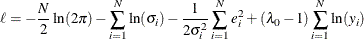 \[  \ell = -\frac{N}{2}\ln (2\pi ) - \sum _{i=1}^{N}\ln (\sigma _{i}) - \frac{1}{2\sigma _{i}^{2}}\sum _{i=1}^{N}e_{i}^{2} + (\lambda _{0}-1)\sum _{i=1}^{N}\ln (y_{i})  \]