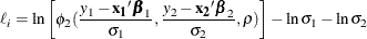 \[  \ell _{i} = \ln \left[\phi _2(\frac{y_1-\mb {x_1}\bbeta _1}{\sigma _1}, \frac{y_2-\mb {x_2}\bbeta _2}{\sigma _2}, \rho )\right] - \ln \sigma _1 - \ln \sigma _2  \]