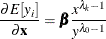 \[  \frac{\partial {E}[y_{i}]}{\partial \mb {x}} = \bbeta \frac{x^{\lambda _{k}-1}}{y^{\lambda _{0}-1}}  \]