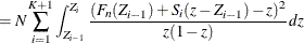 $\displaystyle = N \sum _{i=1}^{K+1} \int _{Z_{i-1}}^{Z_ i} \frac{(F_ n(Z_{i-1}) + S_ i (z - Z_{i-1}) - z)^2}{z (1-z)} dz  $