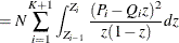 $\displaystyle = N \sum _{i=1}^{K+1} \int _{Z_{i-1}}^{Z_ i} \frac{(P_ i - Q_ i z)^2}{z (1-z)} dz  $