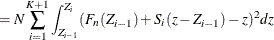 $\displaystyle = N \sum _{i=1}^{K+1} \int _{Z_{i-1}}^{Z_ i} (F_ n(Z_{i-1}) + S_ i (z - Z_{i-1}) - z)^2 dz  $