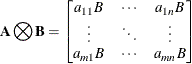 \[  \mb {A} \bigotimes \mb {B} = \left[ \begin{matrix}  a_{11} B   &  \cdots   &  a_{1n} B   \\ \vdots   &  \ddots   &  \vdots   \\ a_{m1} B   &  \cdots   &  a_{m n} B   \\ \end{matrix} \right]  \]