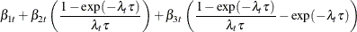 $\displaystyle  \beta _{1t} + \beta _{2t} \left( \frac{1 - \exp (-\lambda _{t} \tau )}{\lambda _{t} \tau } \right) + \beta _{3t} \left( \frac{1 - \exp (-\lambda _{t} \tau )}{\lambda _{t} \tau } - \exp (-\lambda _{t} \tau ) \right) \nonumber  $