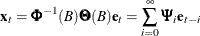 \[  \mb {x}_{t} = \bPhi ^{-1}({B})\bTheta ({B})\mb {e}_{t} = \sum _{i=0}^{{\infty }}{\bPsi _{i}\mb {e}_{t-i} }  \]