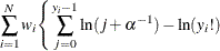 $\displaystyle  \sum _{i=1}^{N} w_ i\Bigg\{  \sum _{j=0}^{y_{i}-1}\ln (j+\alpha ^{-1}) -\ln (y_{i}!)  $