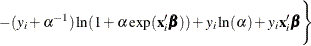 $\displaystyle  - (y_{i}+\alpha ^{-1}) \ln (1+\alpha \exp (\mathbf{x}_{i}^{\prime }\bbeta )) +y_{i}\ln (\alpha ) + y_{i}\mathbf{x}_{i}^{\prime }\bbeta \Bigg\}   $