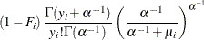 $\displaystyle  \left(1- F_{i} \right) \frac{\Gamma (y_{i}+\alpha ^{-1})}{y_{i}! \Gamma (\alpha ^{-1})}\left(\frac{\alpha ^{-1}}{\alpha ^{-1}+\mu _{i}} \right)^{\alpha ^{-1}}  $