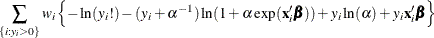 $\displaystyle  \sum _{\{ i: y_{i}>0\} } w_ i\left\{  -\ln (y_{i}!) - (y_{i}+\alpha ^{-1}) \ln (1+\alpha \exp (\mathbf{x}_{i}^{\prime }\bbeta )) +y_{i}\ln (\alpha ) + y_{i}\mathbf{x}_{i}^{\prime }\bbeta \right\}   $