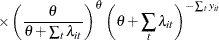 $\displaystyle  \times \left(\frac{\theta }{\theta +\sum _{t} \lambda _{it}} \right)^{\theta } \left(\theta + \sum _{t} \lambda _{it} \right)^{-\sum _{t} y_{it}}  $