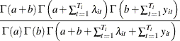 $\displaystyle  \frac{\Gamma \left(a+b\right)\Gamma \left(a+\sum _{t=1}^{T_{i}}\lambda _{it}\right)\Gamma \left(b+\sum _{t=1}^{T_{i}}y_{it}\right)}{\Gamma \left(a\right)\Gamma \left(b\right)\Gamma \left(a+b+\sum _{t=1}^{T_{i}}\lambda _{it}+\sum _{t=1}^{T_{i}}y_{it}\right)} $