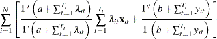 $\displaystyle  \sum _{i=1}^{N}\left[\frac{\Gamma \left(a+\sum _{t=1}^{T_{i}}\lambda _{it}\right)}{\Gamma \left(a+\sum _{t=1}^{T_{i}}\lambda _{it}\right)}\sum _{t=1}^{T_{i}}\lambda _{it}\mathbf{x}_{it}+\frac{\Gamma \left(b+\sum _{t=1}^{T_{i}}y_{it}\right)}{\Gamma \left(b+\sum _{t=1}^{T_{i}}y_{it}\right)}\right] $