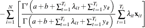 $\displaystyle  -\sum _{i=1}^{N}\left[\frac{\Gamma \left(a+b+\sum _{t=1}^{T_{i}}\lambda _{it}+\sum _{t=1}^{T_{i}}y_{it}\right)}{\Gamma \left(a+b+\sum _{t=1}^{T_{i}}\lambda _{it}+\sum _{t=1}^{T_{i}}y_{it}\right)}\sum _{t=1}^{T_{i}}\lambda _{it}\mathbf{x}_{it}\right] $