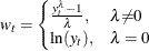 \[  w_{t} = \begin{cases}  \frac{y_{t}^{{\lambda }} - 1}{\lambda }, &  {\lambda } {\ne } 0 \\ \mr {ln}(y_{t}), &  {\lambda } = 0 \end{cases}  \]