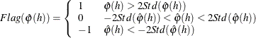 $Flag(\hat{\varphi }(h)) = \left\{  \begin{array}{l l} 1 &  \hat{\varphi }(h) > 2Std(\hat{\varphi }(h)) \\ 0 &  -2Std(\hat{\varphi }(h))< \hat{\varphi }(h) < 2Std(\hat{\varphi }(h)) \\ -1 &  \hat{\varphi }(h) < -2Std(\hat{\varphi }(h)) \\ \end{array} \right.$