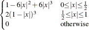 $\displaystyle \begin{cases}  1-6{|x|}^{2} + 6{|x|}^{3} &  {0{\le }{|x|}{\le }\frac{1}{2}} \\ 2(1-{|x|})^{3} &  {\frac{1}{2}{\le }{|x|}{\le }1} \\ 0 &  \mr {otherwise} \end{cases} $