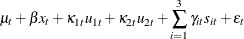 $\displaystyle  \mu _{t} + \beta x_{t} + \kappa _{1t} u_{1t} + \kappa _{2t} u_{2t} + \sum _{i=1}^{3} \gamma _{it} s_{it} + \epsilon _{t} \nonumber  $