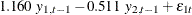 $\displaystyle  1.160 ~  y_{1,t-1} - 0.511~  y_{2,t-1} + \epsilon _{1t} $